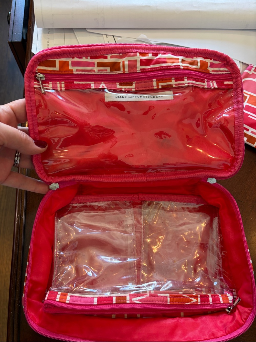Diane Von Furstenberg Pink and Red Clear Travel Cosmetic Organizer Set
